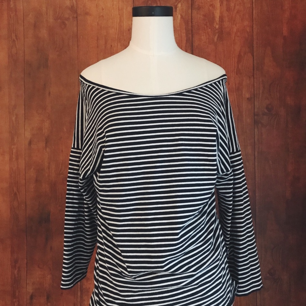 LOFT Off The Shoulder Long Sleeve Navy Striped Top